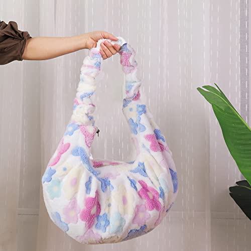 Plush Flower Hobo Bag - Fluffy Fuzzy Purse Shoulder Handbag Fashion chic aesthetic Tote Bag for Women Girls Great Gifts