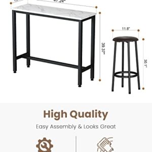 Recaceik Dining Table Set, 47.2” Rectangle Pub Dining Set Kitchen Table Set Bar Table with Stools, 3-Piece Breakfast Table Set with Metal Frame for Kitchen Dining Room w/ 2 Chairs - White