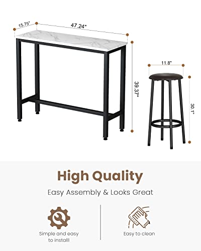 Recaceik Dining Table Set, 47.2” Rectangle Pub Dining Set Kitchen Table Set Bar Table with Stools, 3-Piece Breakfast Table Set with Metal Frame for Kitchen Dining Room w/ 2 Chairs - White