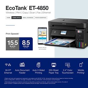 Epson EcoTank ET-4850 Wireless All-in-One Cartridge-Free Supertank Printer with Scanner, Copier, Fax, ADF and Ethernet – The Perfect Printer Office - Black