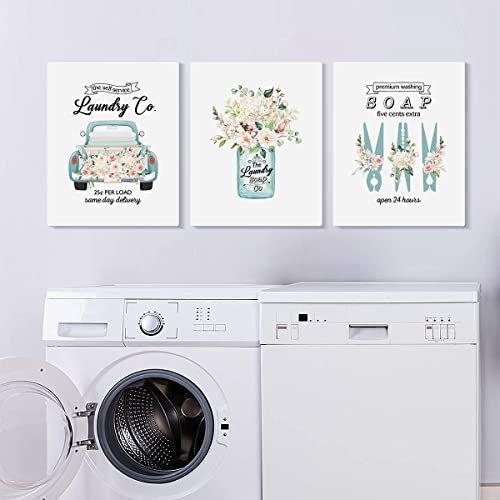 Anyzal Set of 3 Laundry Room Canvas Wall Art, Art for Laundry Room, Self-Service Laundromat Signs Vintage Artwork Premium Washing Laundry Room Decor, Print Flower Framed Canvas Wall Art, 12*16Inch/Pc