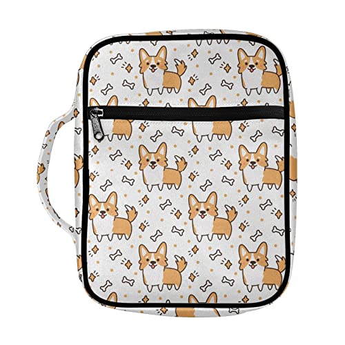 Tongluoye Corgi Dog Pattern Bible Covers for Women Teen Girls Cute White Bible Case for Church School Party Bones Bible Carrier with Hand Strap and Zip Pockets Durable Handbags for Study Items