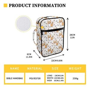 Tongluoye Corgi Dog Pattern Bible Covers for Women Teen Girls Cute White Bible Case for Church School Party Bones Bible Carrier with Hand Strap and Zip Pockets Durable Handbags for Study Items