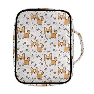 Tongluoye Corgi Dog Pattern Bible Covers for Women Teen Girls Cute White Bible Case for Church School Party Bones Bible Carrier with Hand Strap and Zip Pockets Durable Handbags for Study Items