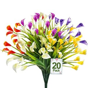 20 bundles calla lily (500 heads) artificial flowers for outdoors, uv resistant faux fake plants plastic summer flower indoor outside hanging planter cemetery home garden porch decor (color mix)