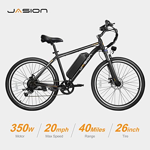 Jasion EB5 Electric Bike for Adults with 360Wh Removable Battery, 40Miles 20MPH Commuting Electric Mountain Bike with 350W Brushless Motor, Shimano 7 Speed, 26" Tires and Front Fork Suspension