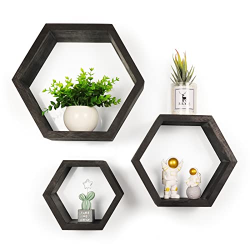 KEZORY Mounted Creative Hexagon Floating Shelves,Hexagonal Wall Decoration Floating Display Stand-Modern Geometric Wall Decoration-Perfect Choice for Living Room, Kitchen, Bedroom, Bathroom (Black)