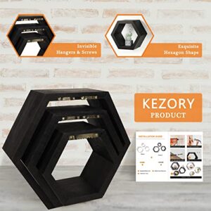 KEZORY Mounted Creative Hexagon Floating Shelves,Hexagonal Wall Decoration Floating Display Stand-Modern Geometric Wall Decoration-Perfect Choice for Living Room, Kitchen, Bedroom, Bathroom (Black)
