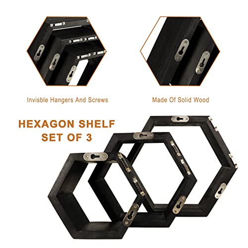 KEZORY Mounted Creative Hexagon Floating Shelves,Hexagonal Wall Decoration Floating Display Stand-Modern Geometric Wall Decoration-Perfect Choice for Living Room, Kitchen, Bedroom, Bathroom (Black)