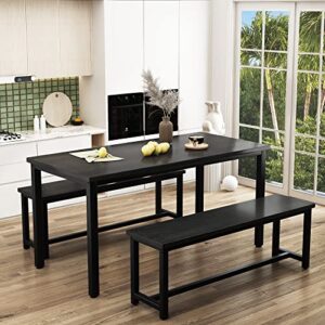 Recaceik Dining Table Set, Rectangular Dining Table and Chairs for 4, Modern Wood Bench Dining Room Table Set Kitchen Table Set with Two Benches & Metal Frame for Kitchen, Restaurant (Black)