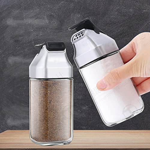 Glass Salt and Pepper Shakers Set - Moisture Proof Salt Shaker with Plastic Lid - Refillable Spice Dispenser for Kitchen or Travel - Cute Seasoning Shakers Container - Set of 2 Bottles