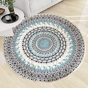 luxury faux fur boho round area rug,silky imitation sheepskin stain resistant free modern contemporary transitional ultra soft living dining room bedroom carpet 4’x4′ round blue / multi