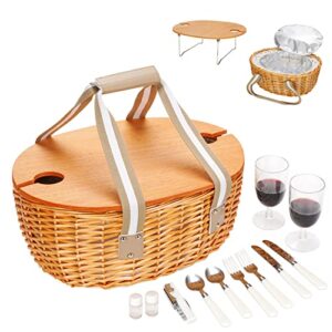 stboo wicker picnic basket for 2 with large insulated cooler compartment and folding table, cutlery service kits, willow hamper set with woven handles for camping, outdoor, christmas, party(beige)