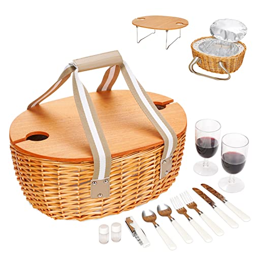 STBoo Wicker Picnic Basket for 2 with Large Insulated Cooler Compartment and Folding Table, Cutlery Service Kits, Willow Hamper Set with Woven Handles for Camping, Outdoor, Christmas, Party(Beige)