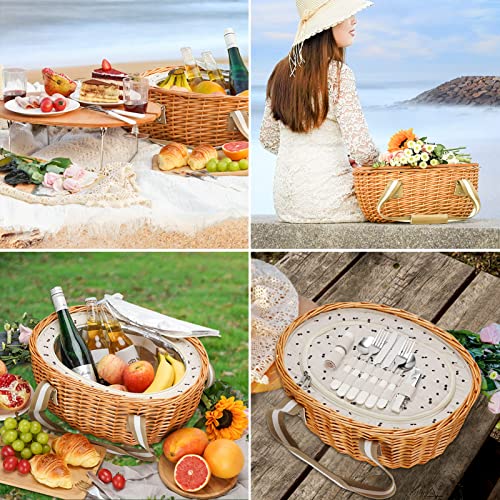 STBoo Wicker Picnic Basket for 2 with Large Insulated Cooler Compartment and Folding Table, Cutlery Service Kits, Willow Hamper Set with Woven Handles for Camping, Outdoor, Christmas, Party(Beige)