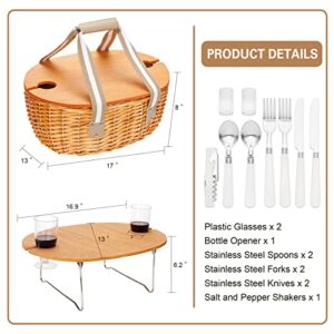 STBoo Wicker Picnic Basket for 2 with Large Insulated Cooler Compartment and Folding Table, Cutlery Service Kits, Willow Hamper Set with Woven Handles for Camping, Outdoor, Christmas, Party(Beige)