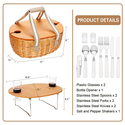 STBoo Wicker Picnic Basket for 2 with Large Insulated Cooler Compartment and Folding Table, Cutlery Service Kits, Willow Hamper Set with Woven Handles for Camping, Outdoor, Christmas, Party(Beige)