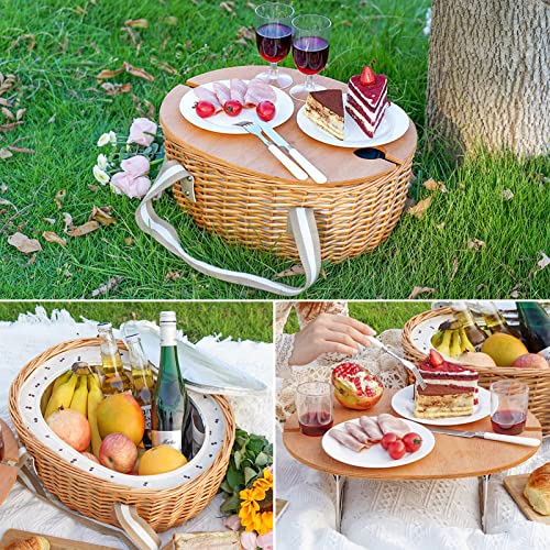 STBoo Wicker Picnic Basket for 2 with Large Insulated Cooler Compartment and Folding Table, Cutlery Service Kits, Willow Hamper Set with Woven Handles for Camping, Outdoor, Christmas, Party(Beige)