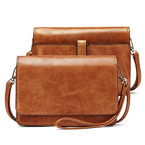 Telena Crossbody Bags for Women Small Cell Phone Shoulder Bag Wristlet Wallet Clutch Purse Oil Wax Brown