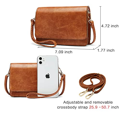 Telena Crossbody Bags for Women Small Cell Phone Shoulder Bag Wristlet Wallet Clutch Purse Oil Wax Brown