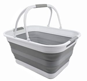 sammart 29l(7.6 gallon) collapsible tub with handle-portable outdoor picnic basket-space saving storage container,water capacity 24l(6.3 gallon) (1, white/grey)
