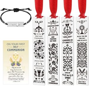 4 pcs first communion blessing metal bookmark 4 pcs first communion black stretch bracelet with charm and 4 pcs holy communion card for boys girls religious christian present