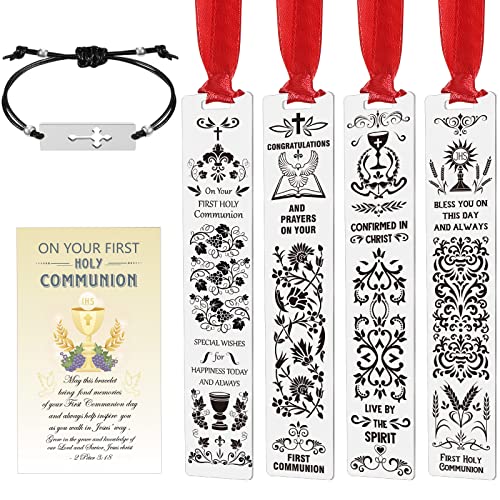 4 Pcs First Communion Blessing Metal Bookmark 4 Pcs First Communion Black Stretch Bracelet with Charm and 4 Pcs Holy Communion Card for Boys Girls Religious Christian Present