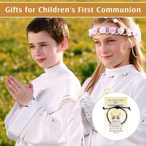 4 Pcs First Communion Blessing Metal Bookmark 4 Pcs First Communion Black Stretch Bracelet with Charm and 4 Pcs Holy Communion Card for Boys Girls Religious Christian Present