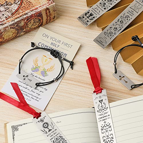 4 Pcs First Communion Blessing Metal Bookmark 4 Pcs First Communion Black Stretch Bracelet with Charm and 4 Pcs Holy Communion Card for Boys Girls Religious Christian Present