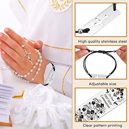 4 Pcs First Communion Blessing Metal Bookmark 4 Pcs First Communion Black Stretch Bracelet with Charm and 4 Pcs Holy Communion Card for Boys Girls Religious Christian Present