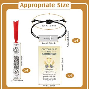 4 Pcs First Communion Blessing Metal Bookmark 4 Pcs First Communion Black Stretch Bracelet with Charm and 4 Pcs Holy Communion Card for Boys Girls Religious Christian Present