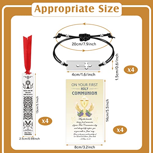 4 Pcs First Communion Blessing Metal Bookmark 4 Pcs First Communion Black Stretch Bracelet with Charm and 4 Pcs Holy Communion Card for Boys Girls Religious Christian Present