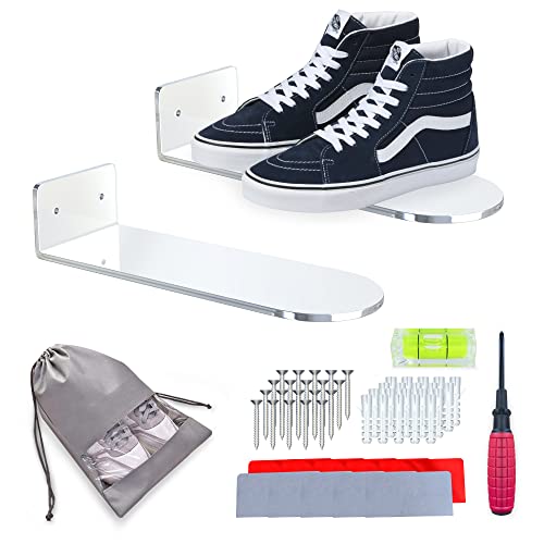 Clear Floating Shoe Display Shelf Wall Mounted Sneaker Shelves - 10 pack with screws, sticky tape, screwdriver and travel bag