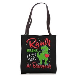 rawr means i love you in dinosaur heart t-rex valentines day tote bag
