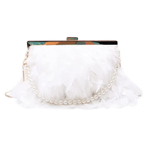 Feather Purse - White Feather Clutch Handbag Distinctive Pearl Chain Shoulder Bag Evening Clutch for Women Girls Lady Great Gifts