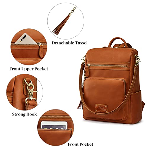 S-ZONE Genuine Leather Women Backpack Purse Vintage Fashion Shoulder Bag Travel Schoolbag Daypack with Tassel Luggage Sleeve