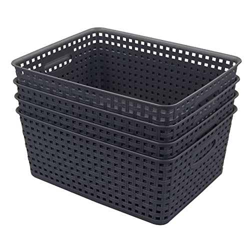 Vababa Pack of 4 Weave Plastic Baskets, Gray Plastic Storage Basket