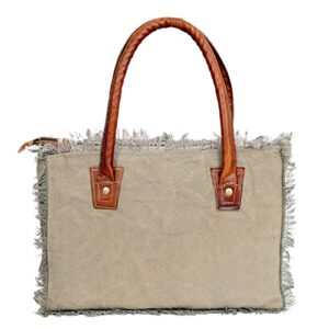 Ruzioon Upcycled Canvas Hand Bag, Upcycled Canvas & Cowhide Leather Tote Bag, Canvas Tote Bag for Women, Canvas Shoulder Bag