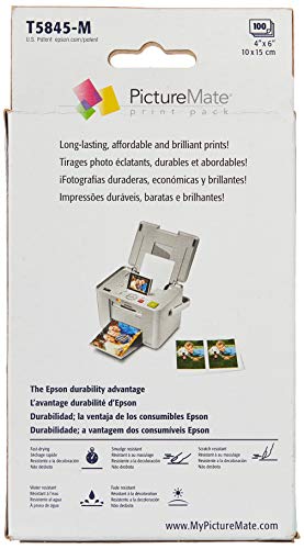 Epson T5845-M PictureMate Print Pack Includes Inkjet Cartridge, 100 Sheets Matte Photo Paper,1 cartridge containing;black,cyan,magenta,yellow