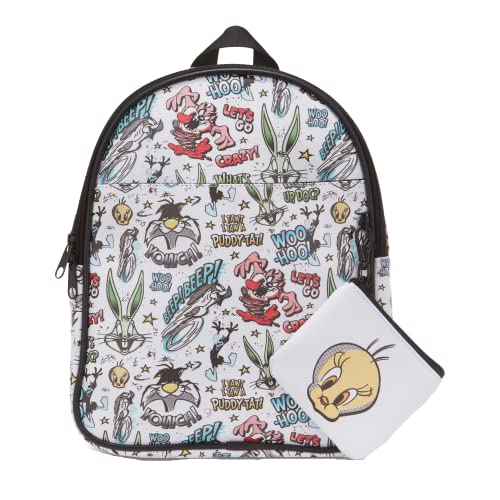 AI ACCESSORY INNOVATIONS Looney Tunes All Over Print Faux Leather 10.5" Women’s White Mini Backpack Purse 2-Piece Set