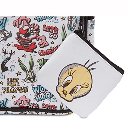 AI ACCESSORY INNOVATIONS Looney Tunes All Over Print Faux Leather 10.5" Women’s White Mini Backpack Purse 2-Piece Set
