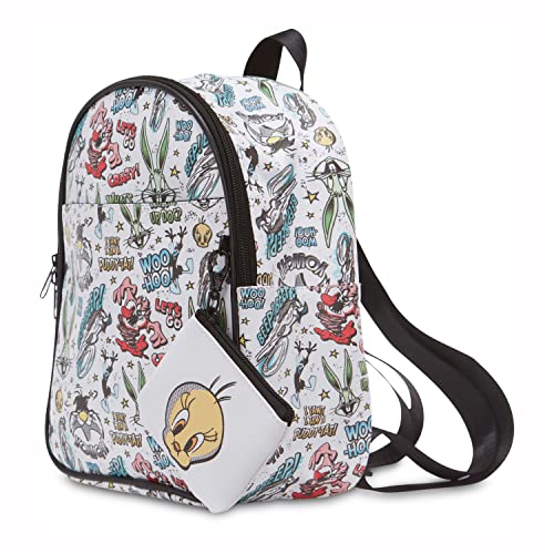 AI ACCESSORY INNOVATIONS Looney Tunes All Over Print Faux Leather 10.5" Women’s White Mini Backpack Purse 2-Piece Set