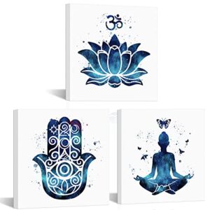 saypeacher 3 pieces abstract yoga canvas wall art blue starry night pictures lotus flower painting pritns for bedroom yoga room bathroom decor sretched and framed ready to hang 12″x12″x3pcs