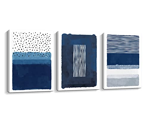 Creoate Blue Canavs Wall Art for Living Room Decor 3 Pieces Abstract Blue and White Painting Canvas Print Framed Artwork Set for Bedroom Decor Navy Blue Canvas Wall Decor, Ready to Hang, 12x16 Inch x3pcs