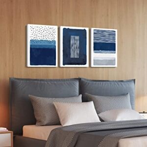 Creoate Blue Canavs Wall Art for Living Room Decor 3 Pieces Abstract Blue and White Painting Canvas Print Framed Artwork Set for Bedroom Decor Navy Blue Canvas Wall Decor, Ready to Hang, 12x16 Inch x3pcs