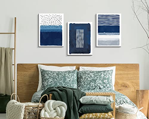 Creoate Blue Canavs Wall Art for Living Room Decor 3 Pieces Abstract Blue and White Painting Canvas Print Framed Artwork Set for Bedroom Decor Navy Blue Canvas Wall Decor, Ready to Hang, 12x16 Inch x3pcs