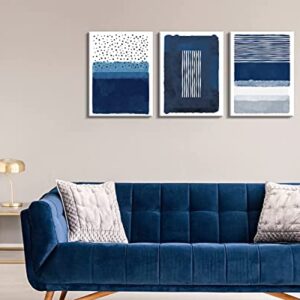 Creoate Blue Canavs Wall Art for Living Room Decor 3 Pieces Abstract Blue and White Painting Canvas Print Framed Artwork Set for Bedroom Decor Navy Blue Canvas Wall Decor, Ready to Hang, 12x16 Inch x3pcs