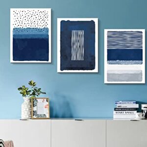 Creoate Blue Canavs Wall Art for Living Room Decor 3 Pieces Abstract Blue and White Painting Canvas Print Framed Artwork Set for Bedroom Decor Navy Blue Canvas Wall Decor, Ready to Hang, 12x16 Inch x3pcs