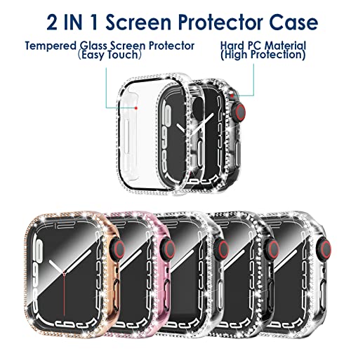 Simpeak 5Pack 45mm Bling Case Screen Protector Compatible with Apple Watch Series 8 Series 7, Crystals Hard Protector Case Replacement for iWatch 8 7 45mm, Rose Gold Pink/Black/Silver/Clear