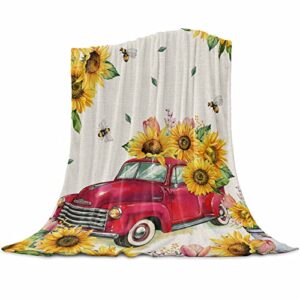 amaze-home flannel fleece throw blanket sunflower red truck summer bee warm lightweight breathable bed blanket retro cozy fluffy plush blanket perfect for sofa/bedroom/car 40 x 50 inch